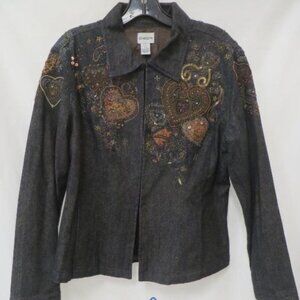 Vintage Chico's Women's Jacket Size 2  Bronze/Gold Embroidered Black Denim
